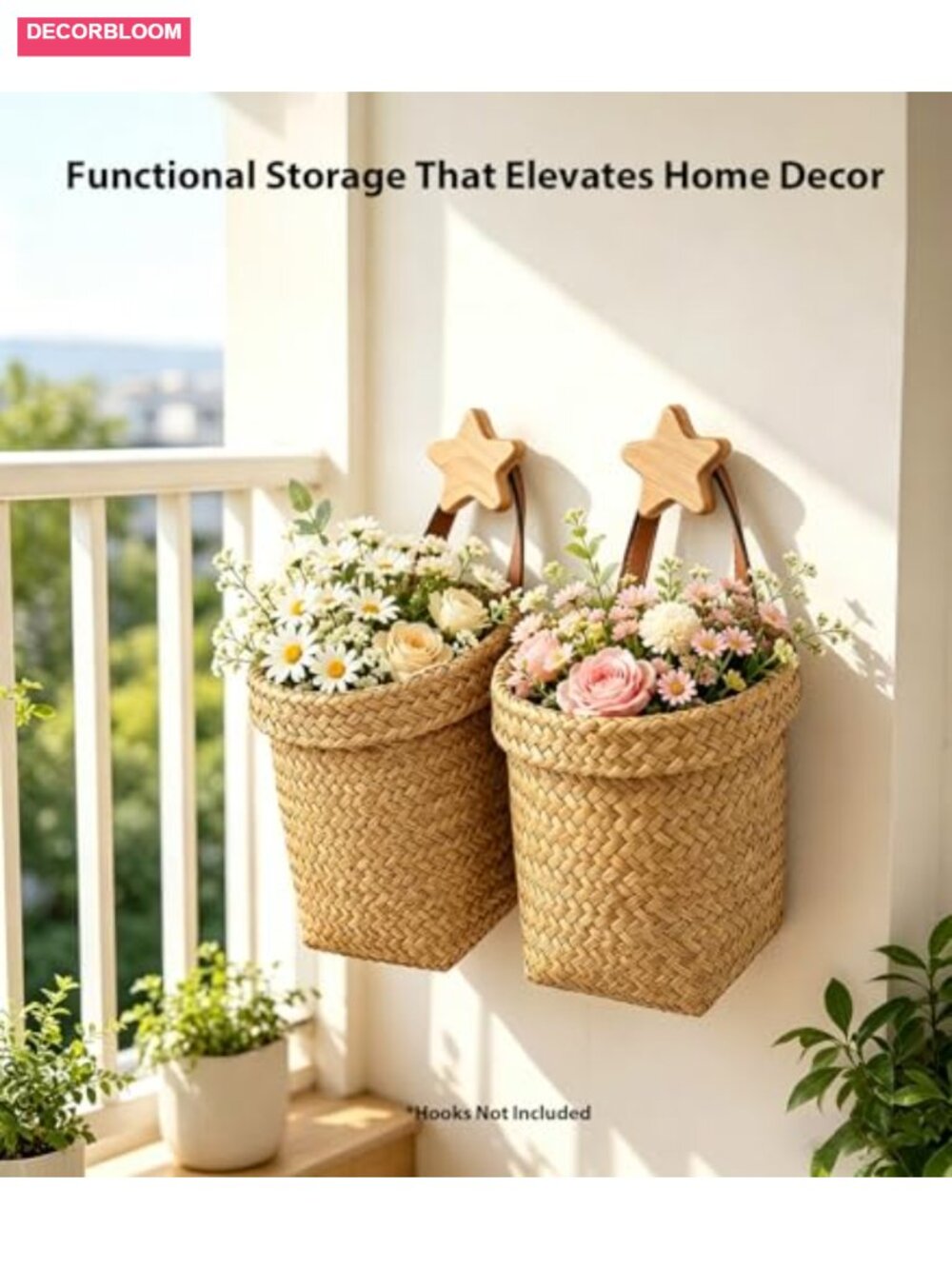 Natural Seagrass Wall Hanging Storage Basket with Leather Handle - Picture 5 of 6